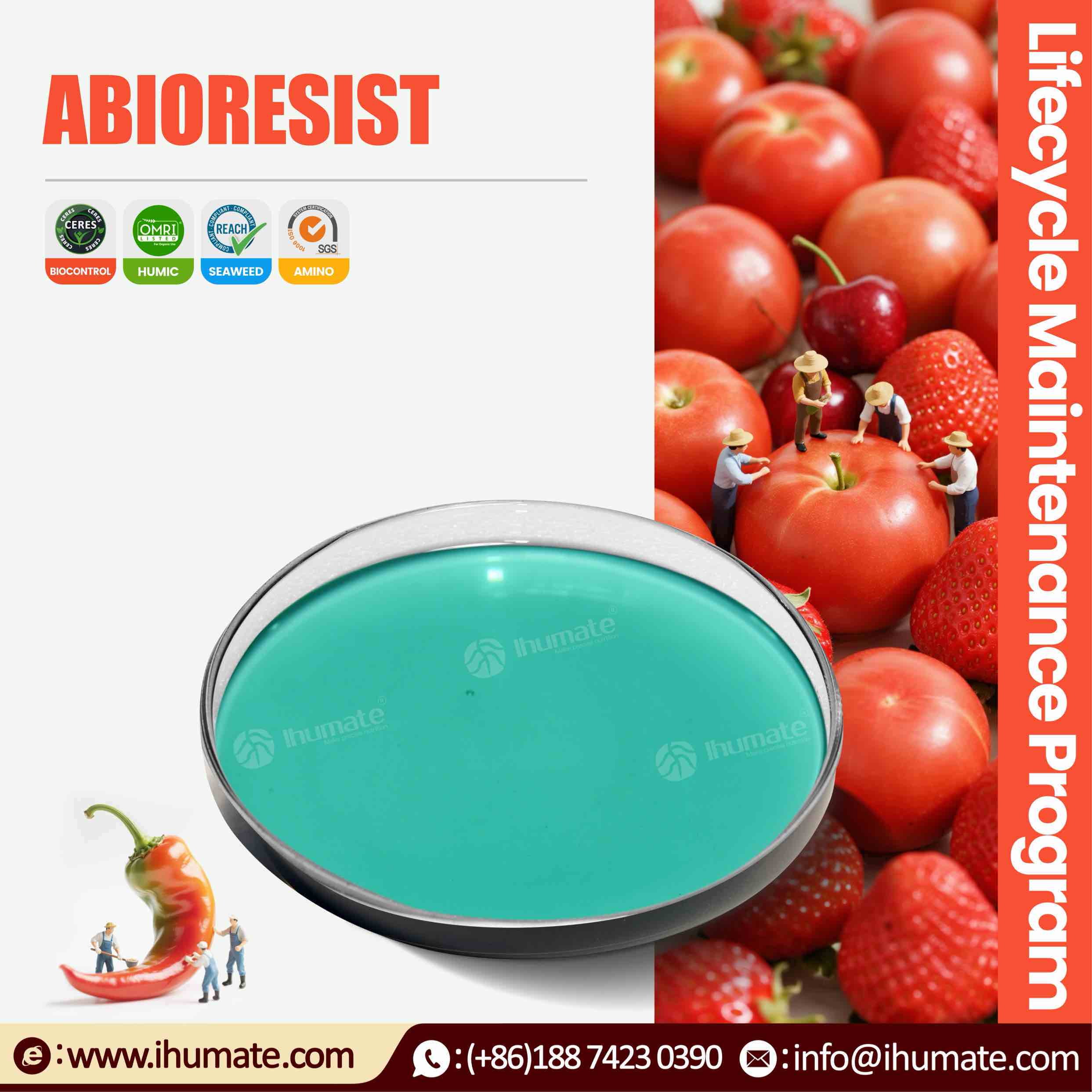 Ihumate Abioresist Liquid Anti-stress Fertilizer Function Diagram, containing 25% Polypeptide and 1% 5-ALA, enhancing crop immunity and stress resistance