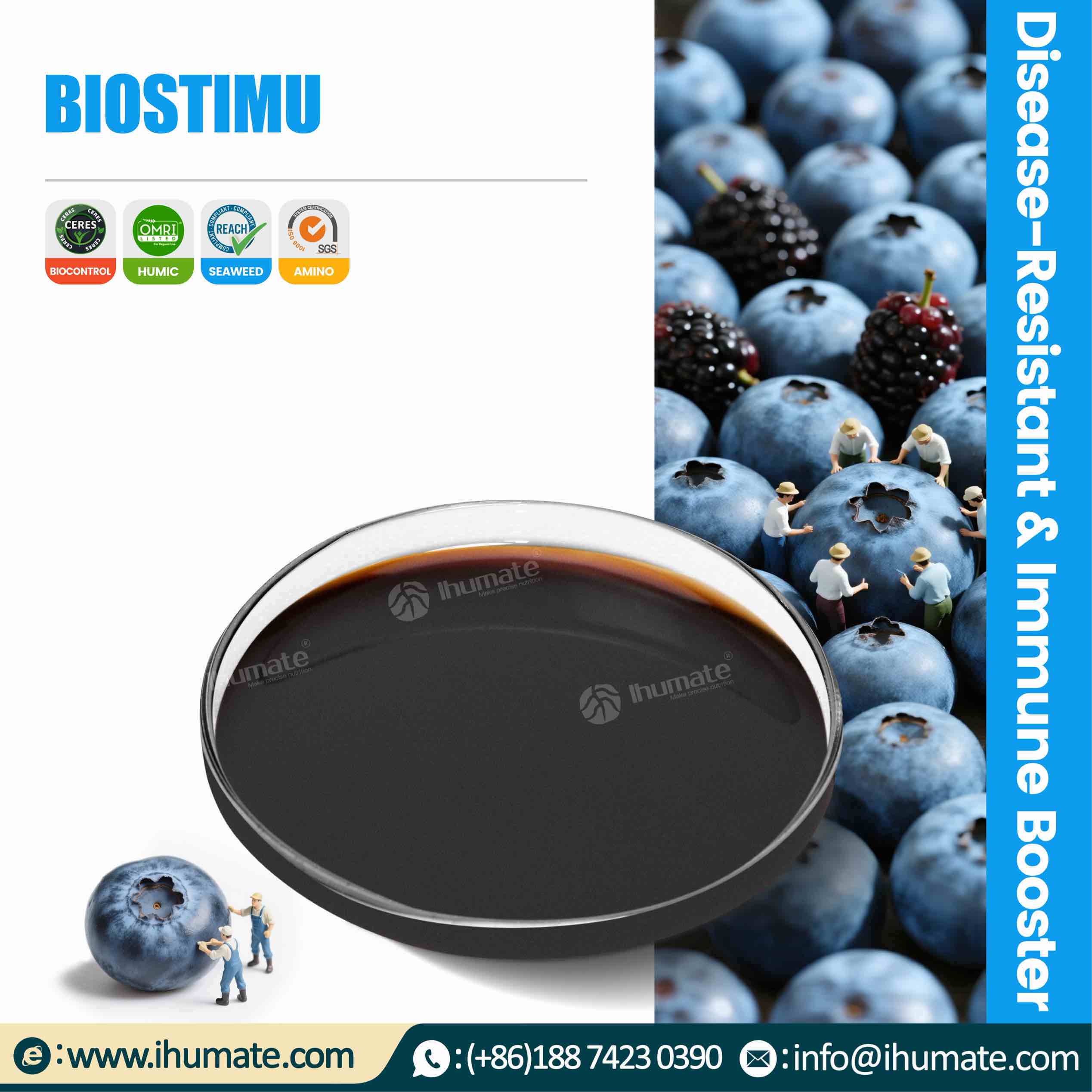 Ihumate Biostimu liquid biostimulant promotional image, showing core advantages of promoting root development and enhancing stress resistance