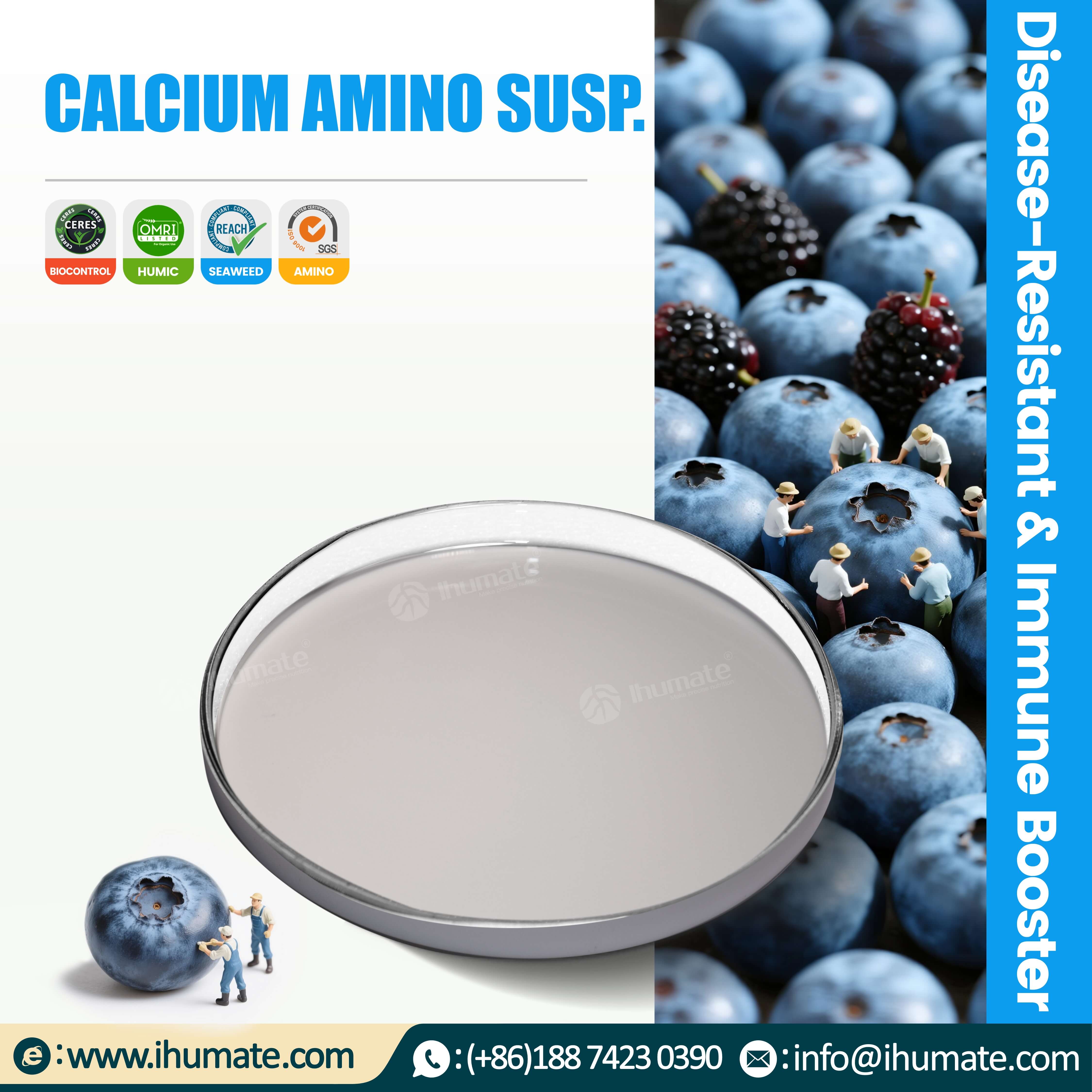 Ihumate calcium amino suspension infographic, showing calcium supplementation mechanism and amino acid synergistic effect