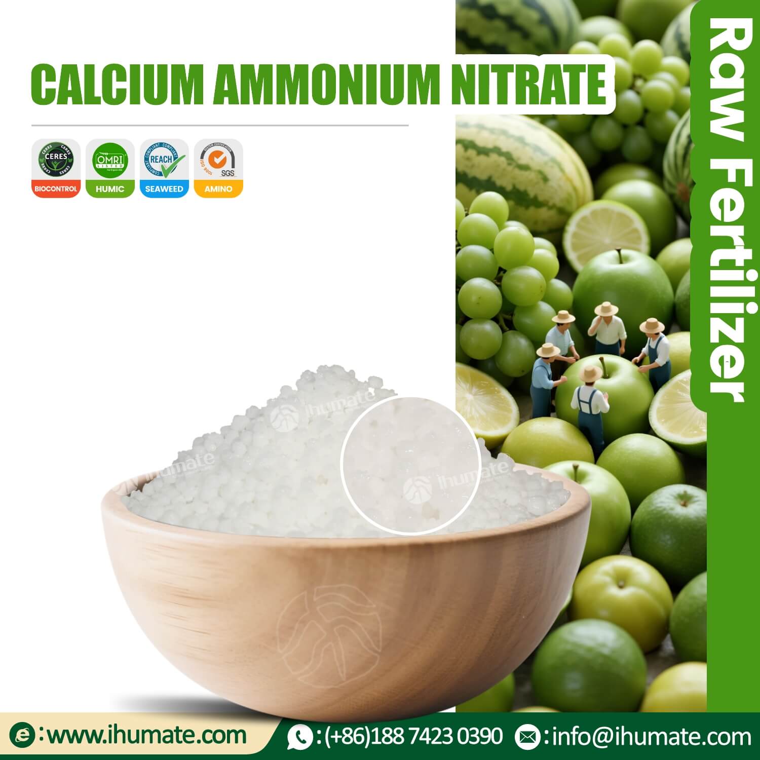 Display of Ihumate calcium ammonium nitrate in a bowl, white round granules with high strength, non-caking and easy to broadcast