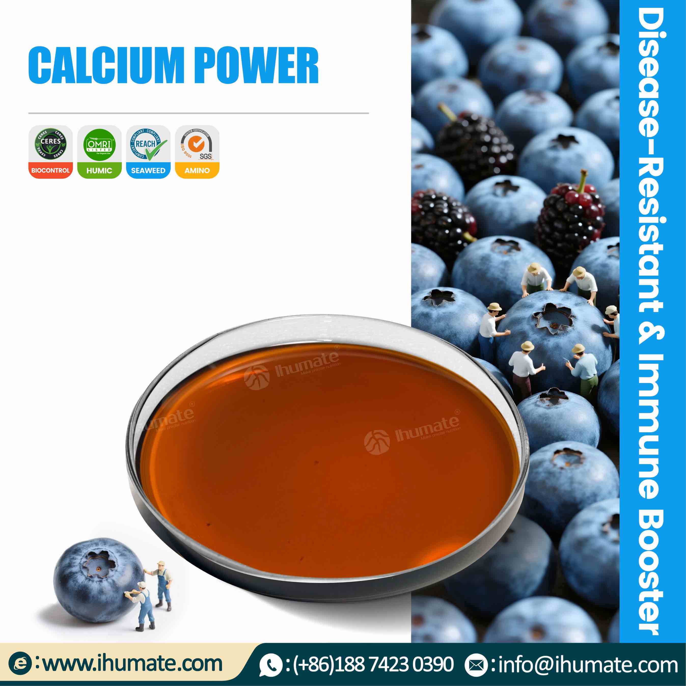 Ihumate CALCIUM POWER promotional infographic showing core advantages of preventing blossom-end rot and improving fruit firmness