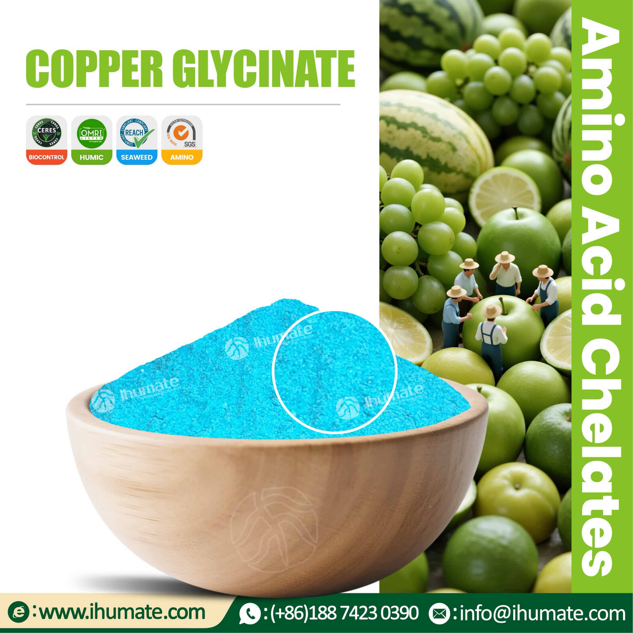 Ihumate Copper Glycinate powder bowl display for foliar fertilizer, water-soluble fertilizer and feed premix formulations