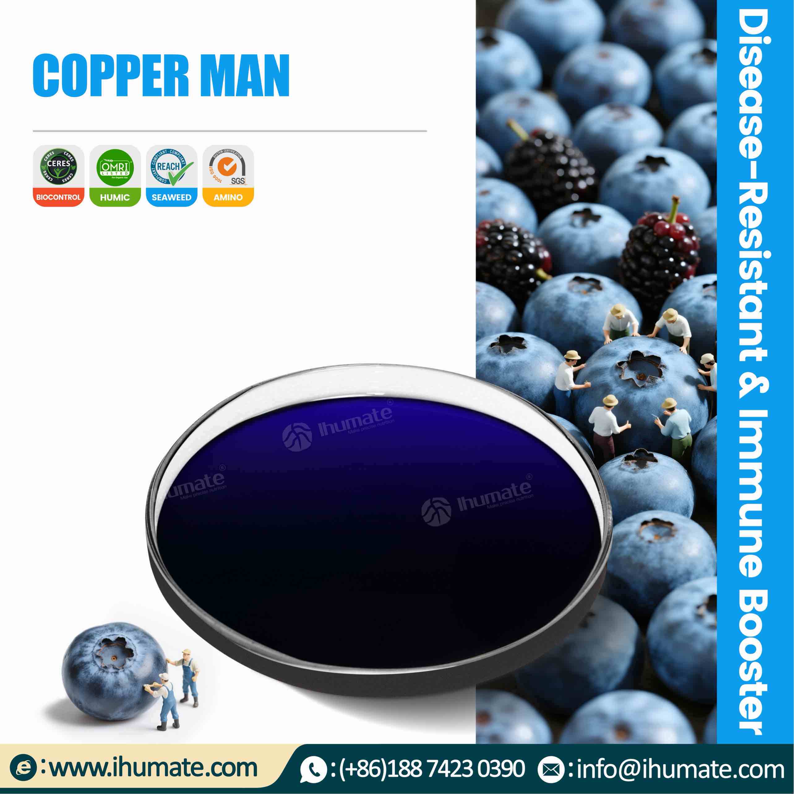 Ihumate Copper-Man chelated copper liquid fertilizer promotional image, showing systemic absorption technology and crop health promotion mechanism
