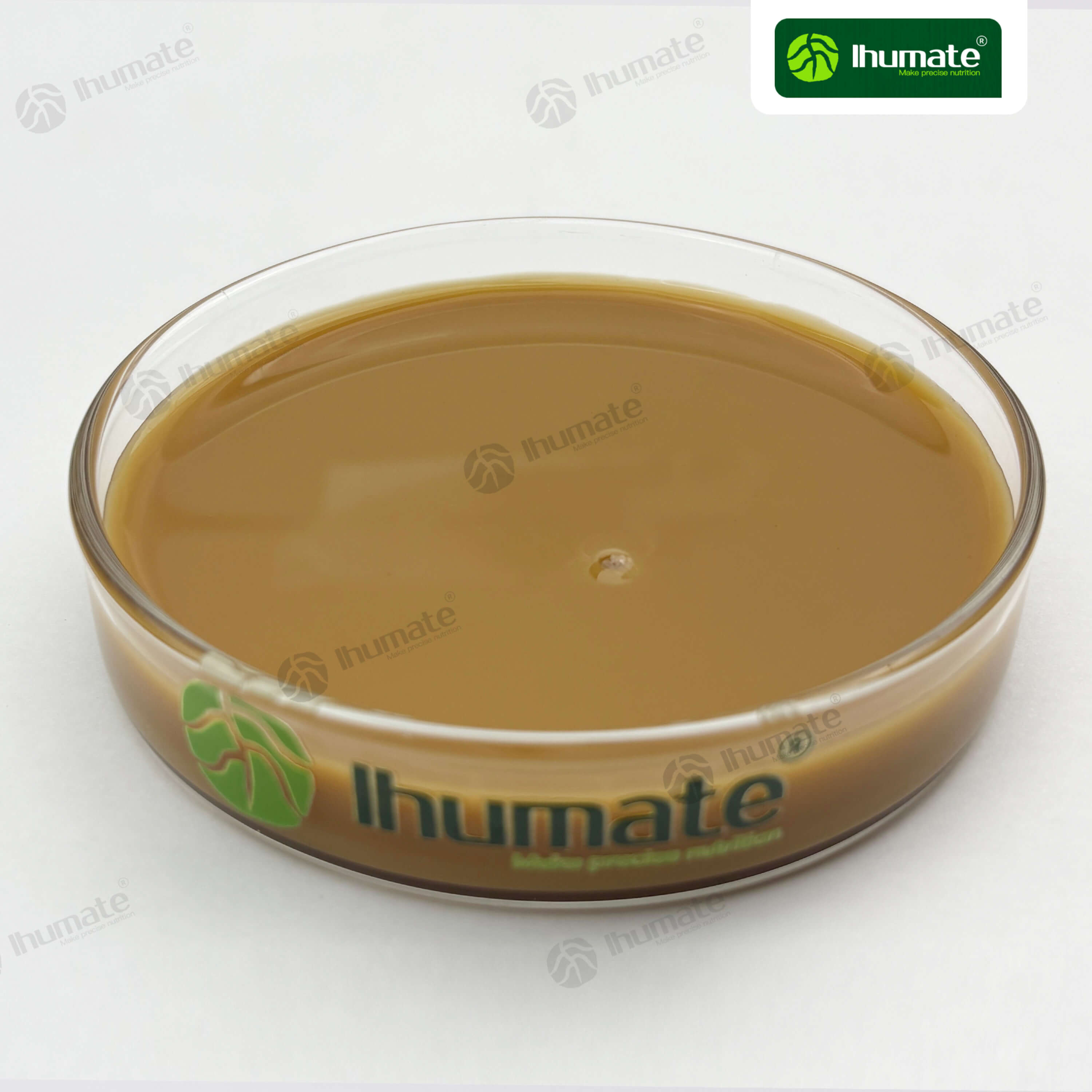 Ihumate Desalt Plus viscous brown liquid in a dish, showing the soil salt reduction and water retention conditioner