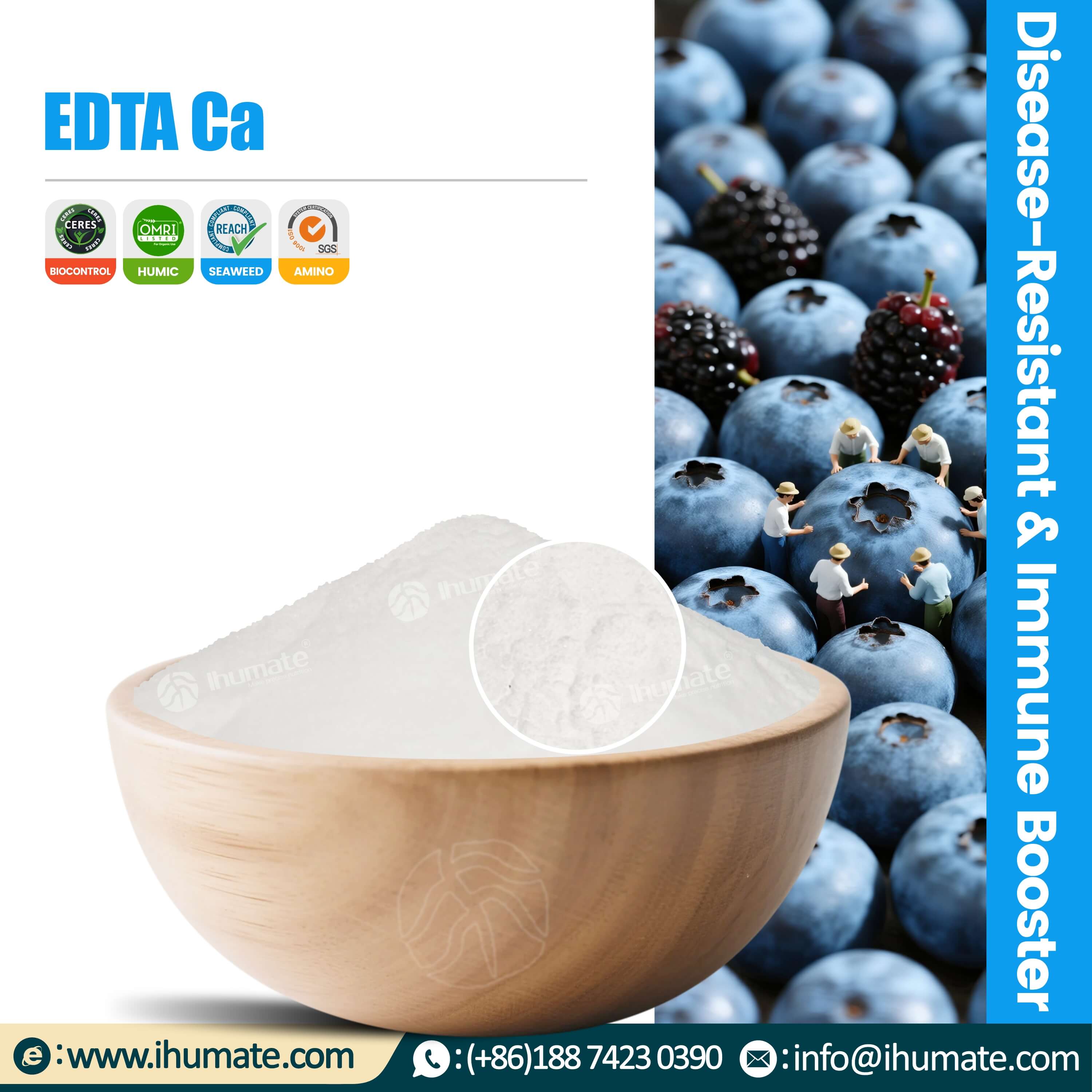 Bowl display of Ihumate chelated calcium powder, showing white fine crystalline texture