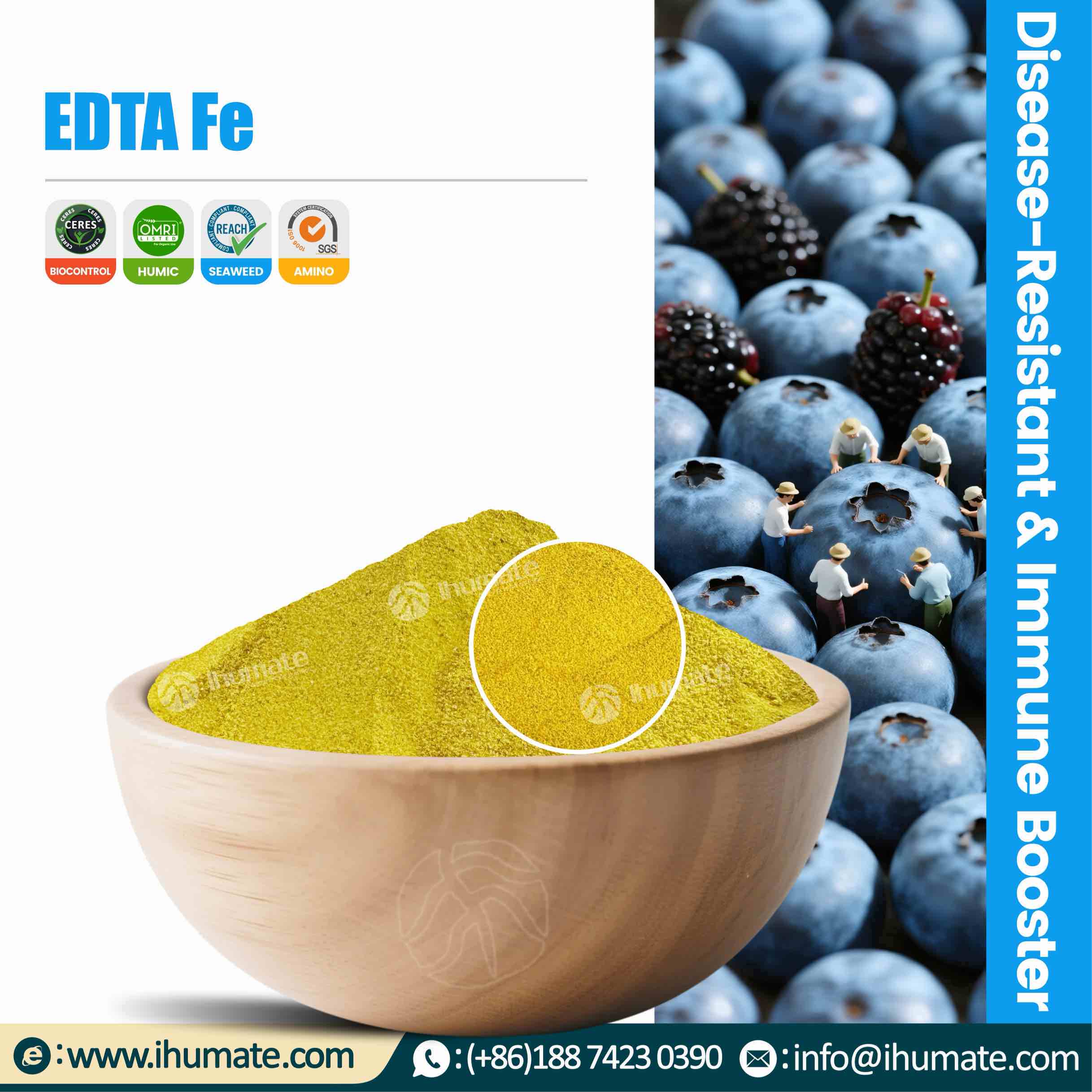 Bowl display of Ihumate EDTA Fe chelated iron, uniform particles, pure color, 100% chelated, easily absorbed by plants