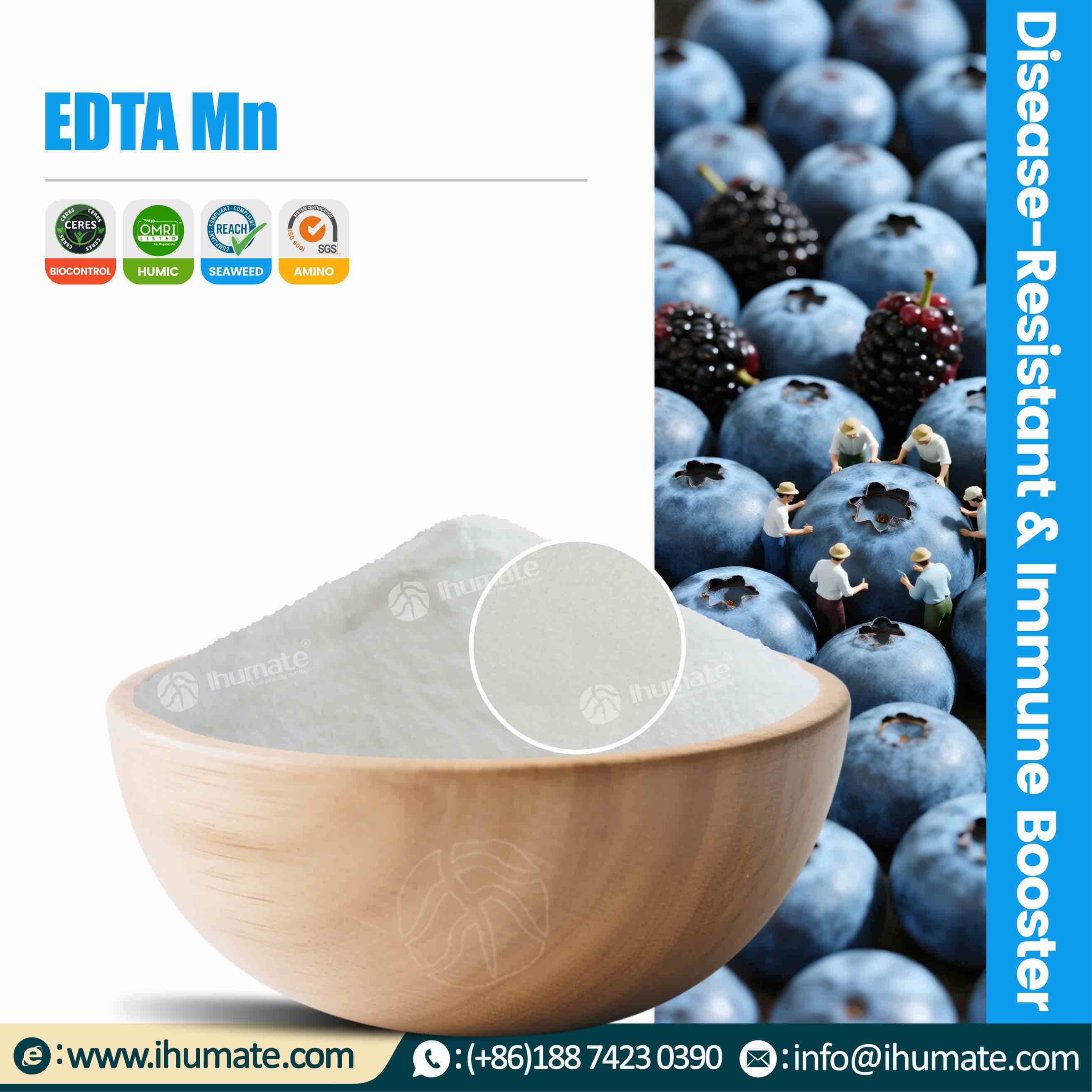Bowl display of Ihumate EDTA Mn chelated manganese, uniform particles, pure color, 100% chelated, easily absorbed by plants