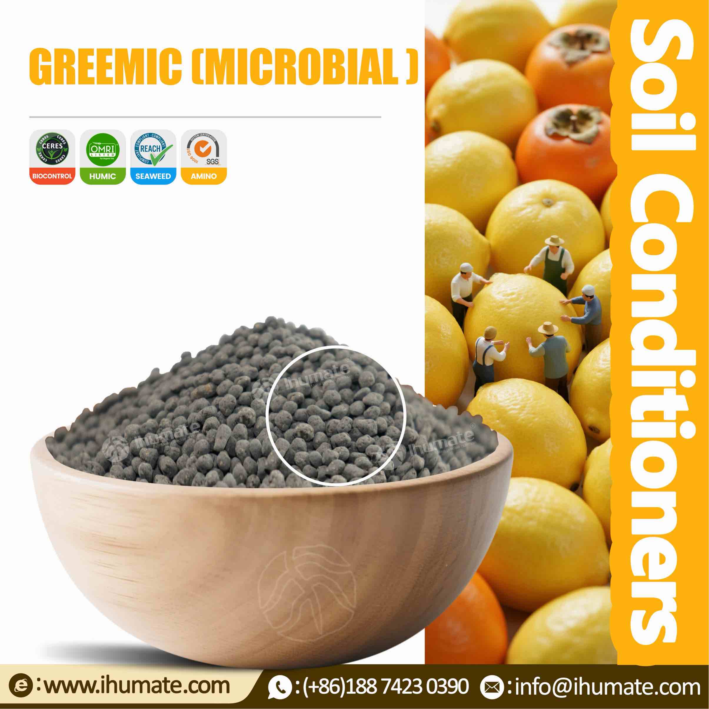 Bowl display of Ihumate GREEMIC organic fertilizer granules, extracted from natural animal-source raw materials, heavy metal-free residue, safe and efficient