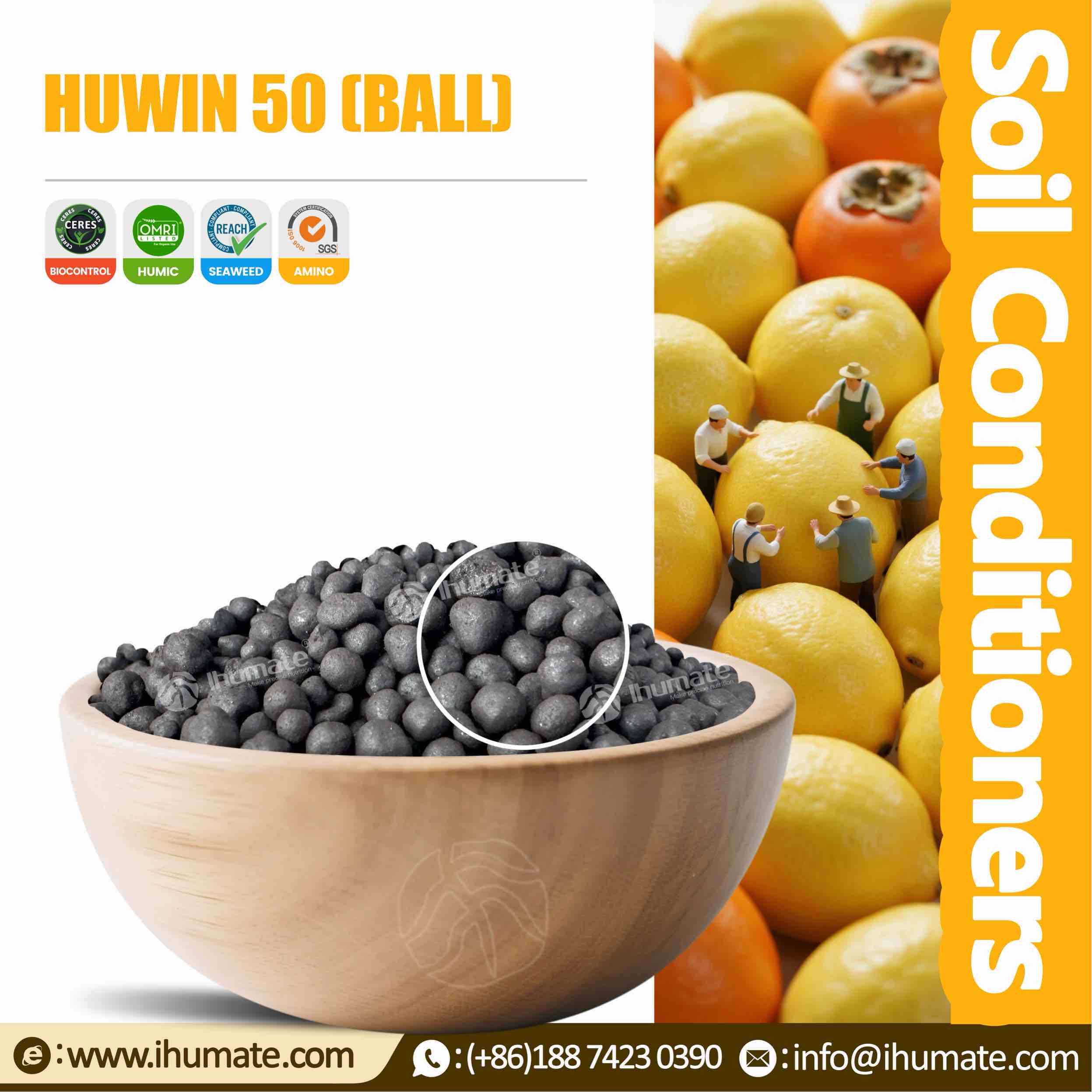 Bowl Display of Ihumate Humic Acid Granules, Black and Bright Uniform Spherical Specifications, Rich in Over 26% Organic Carbon