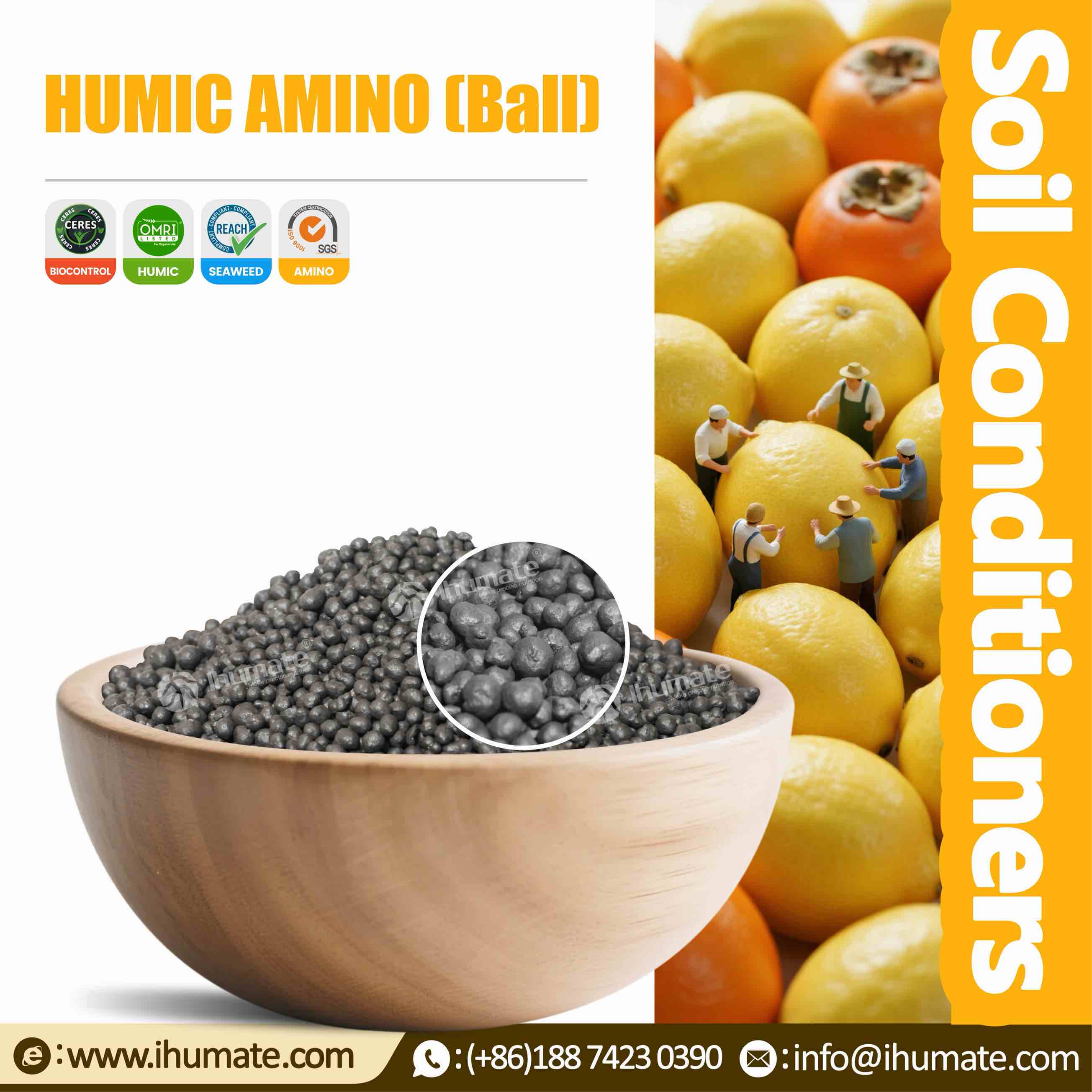 Ihumate humic amino acid shiny black balls displayed in a bowl, showcasing the product's round luster and high quality