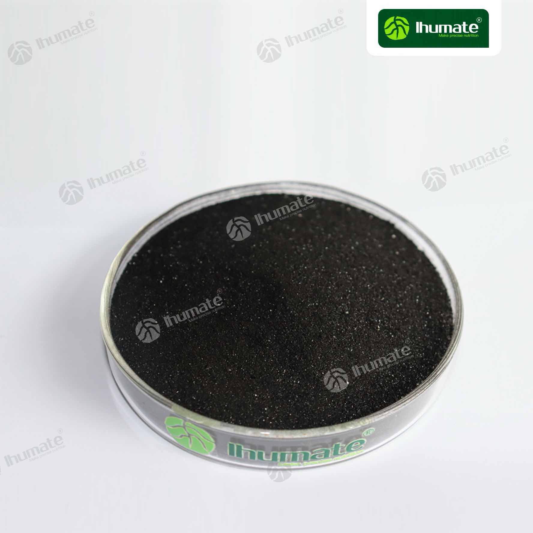 Ihumate HUWIN 100 potassium humate powder front view, 100% instant soluble mined active source, enhances fertilizer use efficiency