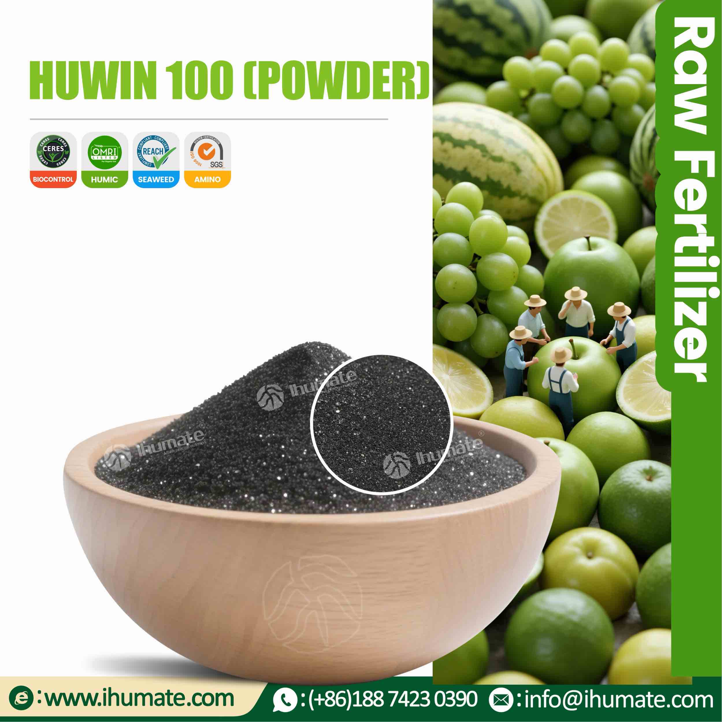 Ihumate HUWIN 100 potassium humate powder displayed in a bowl, shiny black like a mirror, dust-free, high purity mined source