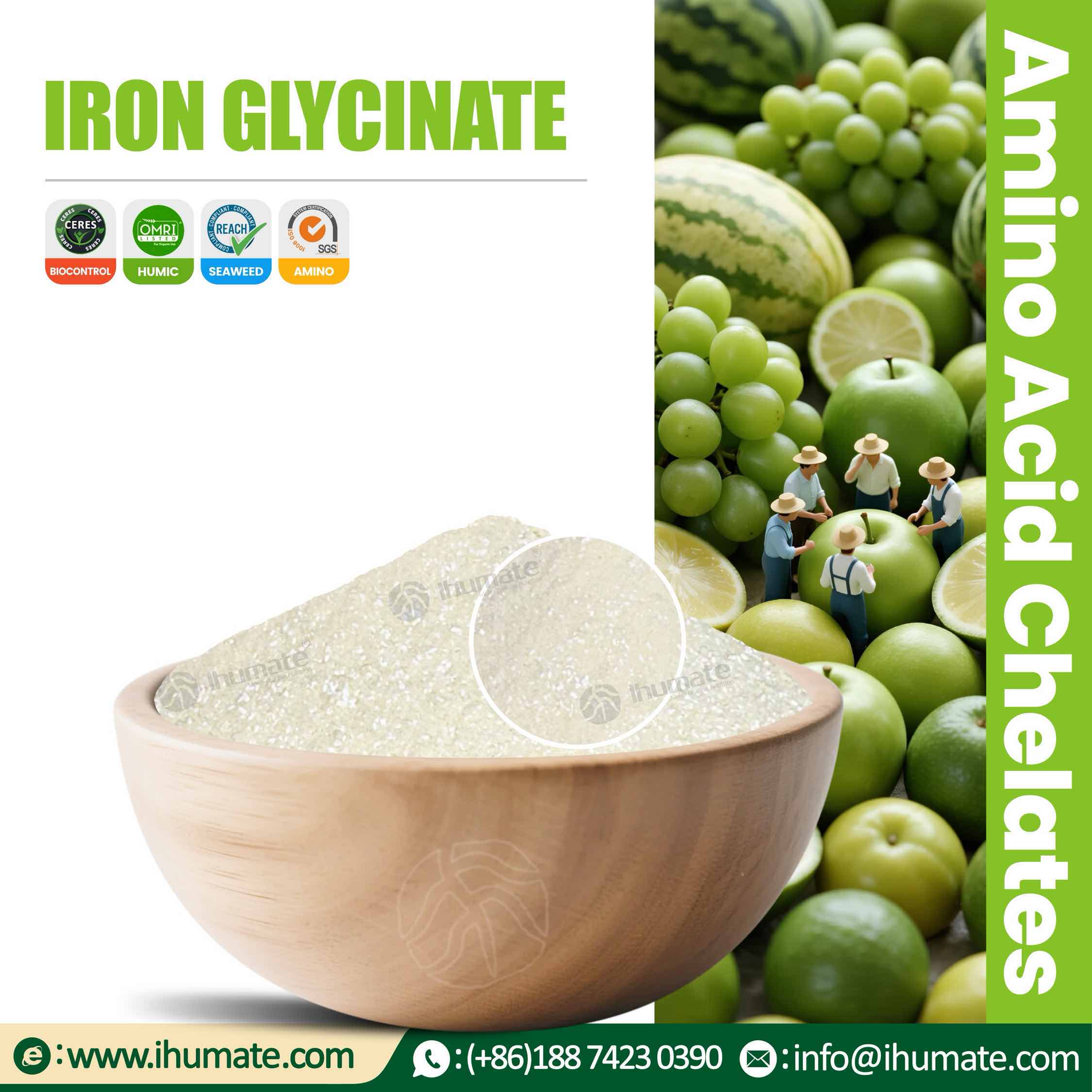 Ihumate Iron Glycinate powder bowl display for foliar fertilizer, water-soluble fertilizer and feed premix formulations