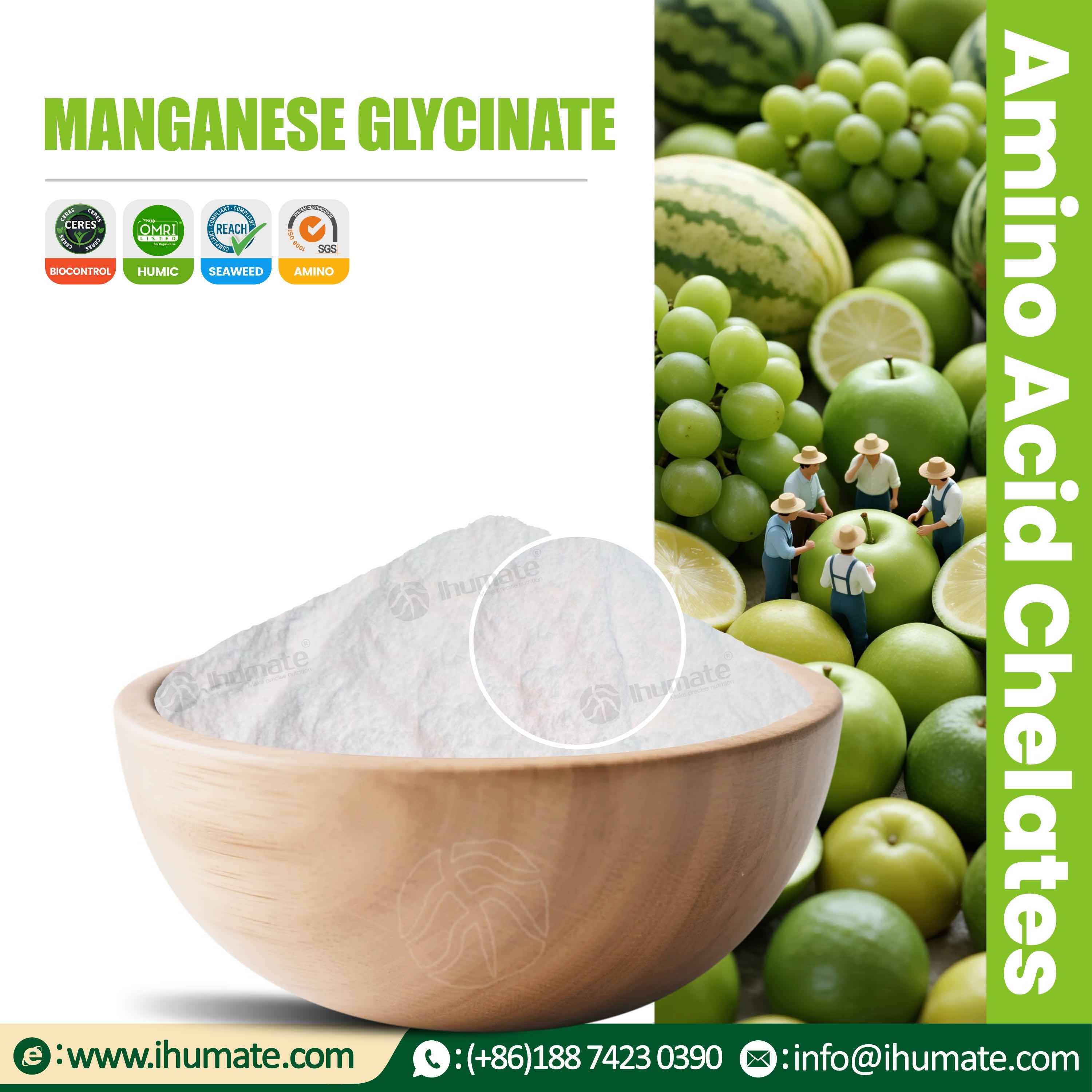 Ihumate Manganese Glycinate powder bowl display for foliar fertilizer, water-soluble fertilizer and feed premix formulations
