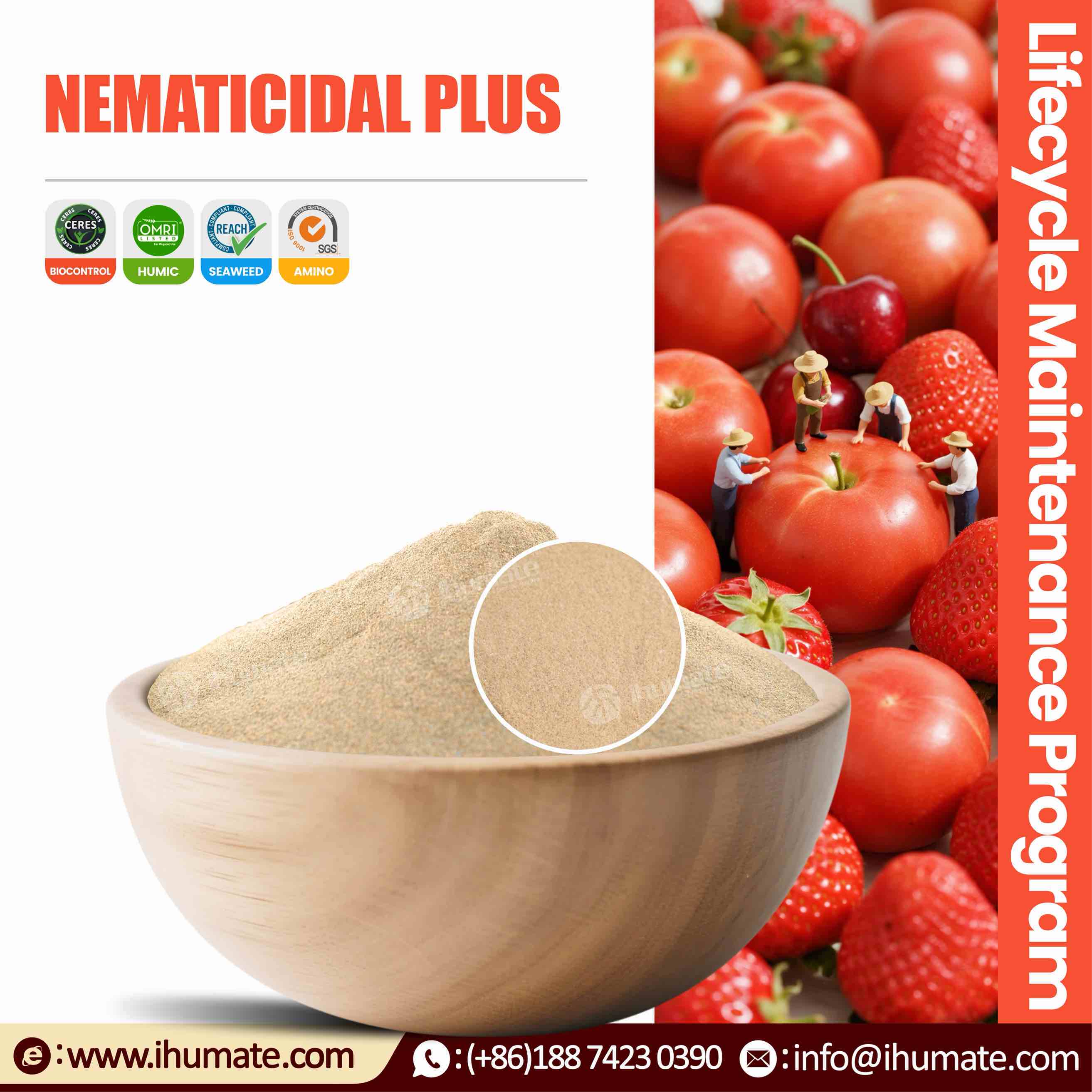 Bowl display of Ihumate Nematicidal Plus powder, fine and uniform texture, effectively improves rhizosphere environment