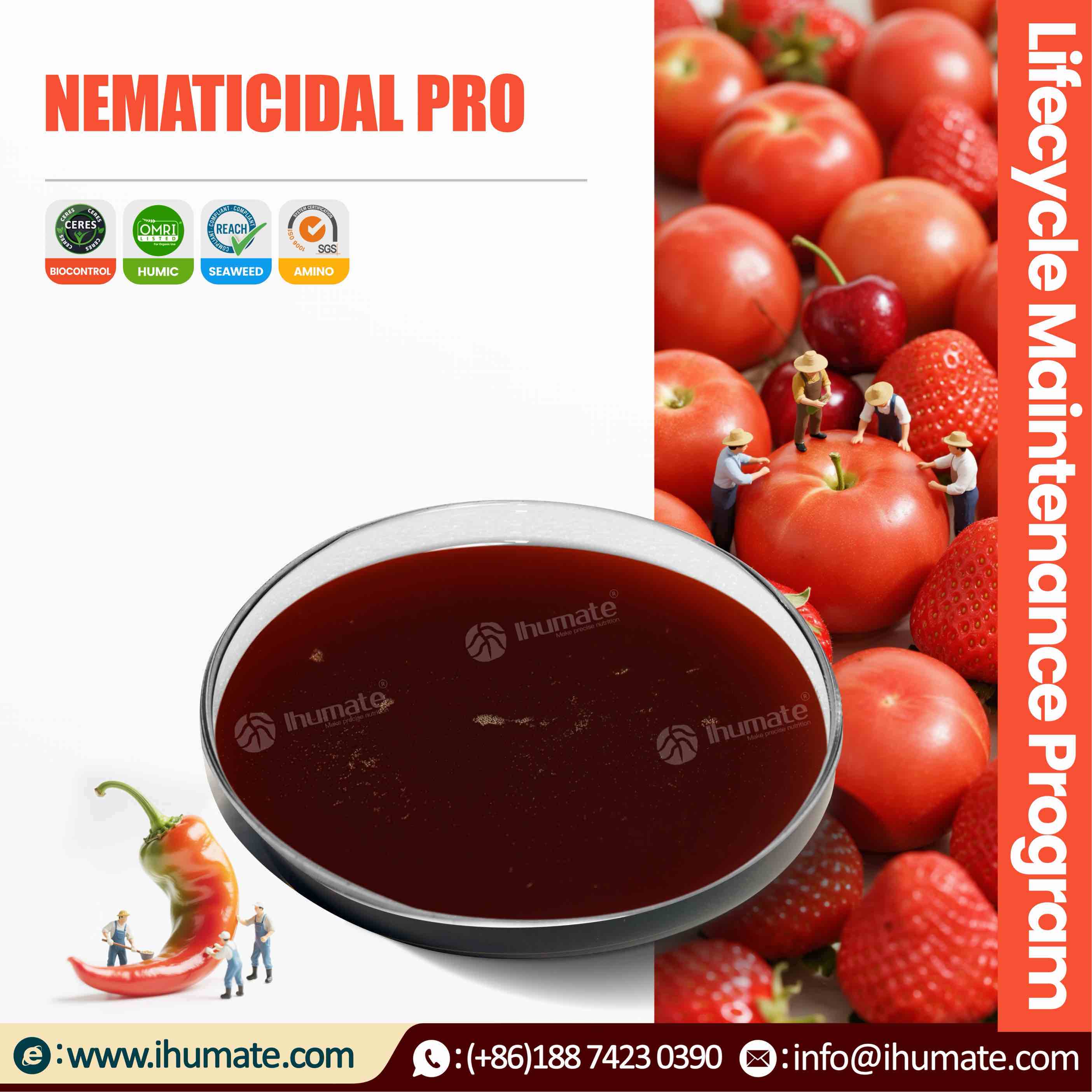 Ihumate Nematicidal-Pro liquid nematicide promotional image, showing its systemic principle of efficiently killing nematodes and protecting roots