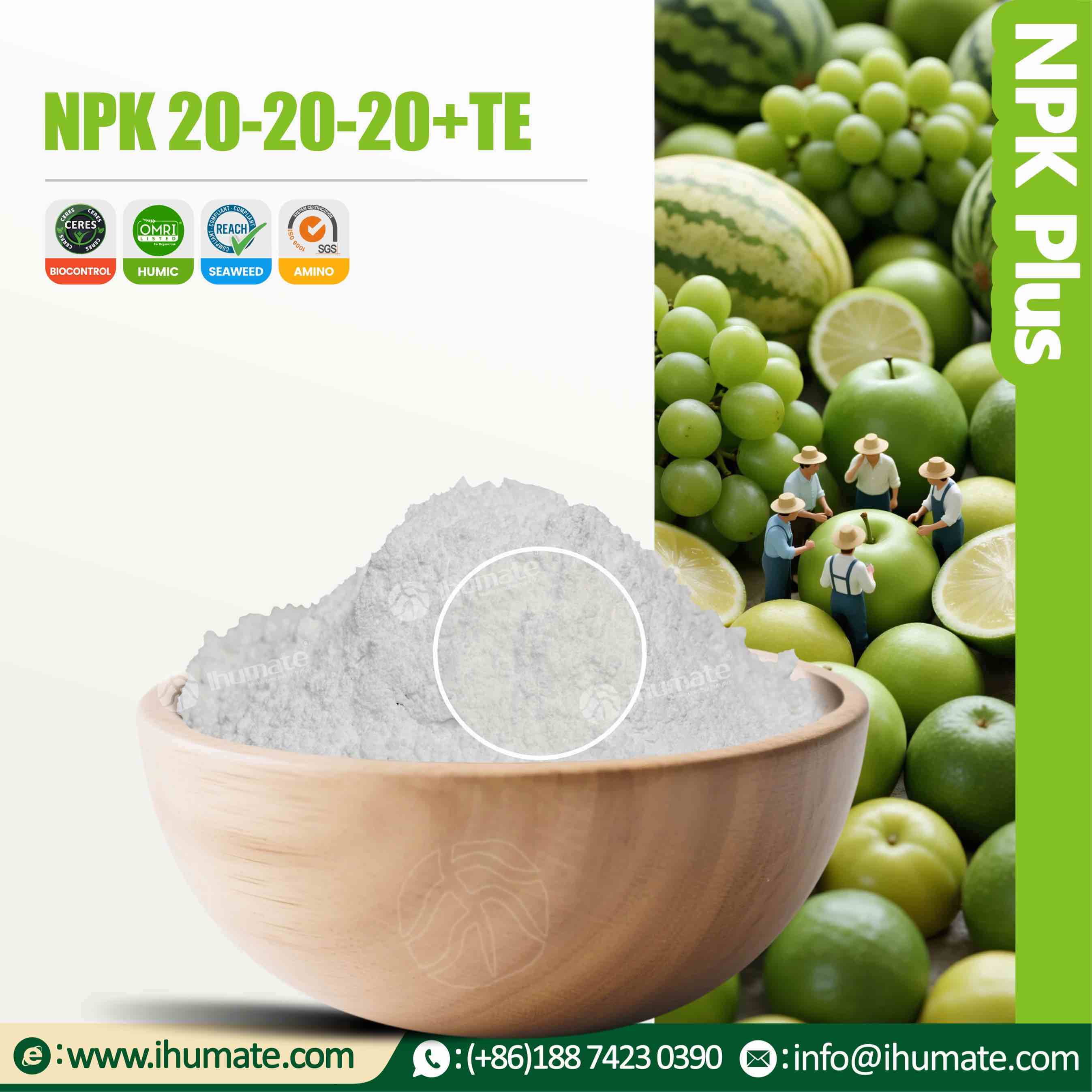Ihumate 20-20-20 balanced fertilizer displayed in a bowl, showcasing its dry, non-caking, and uniformly colored crystalline particle quality