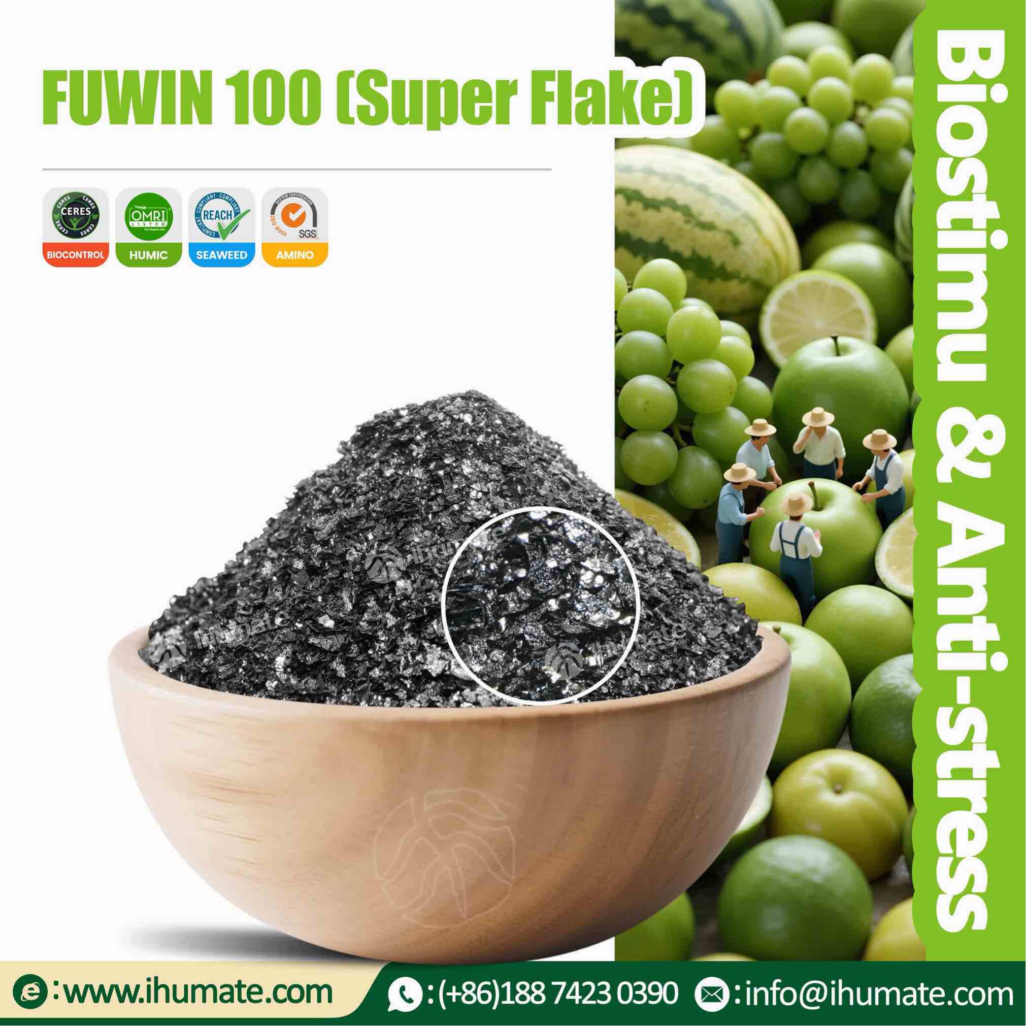 Bowl display of Ihumate mineral source potassium fulvate, black and shiny flakes, high purity, strong activity