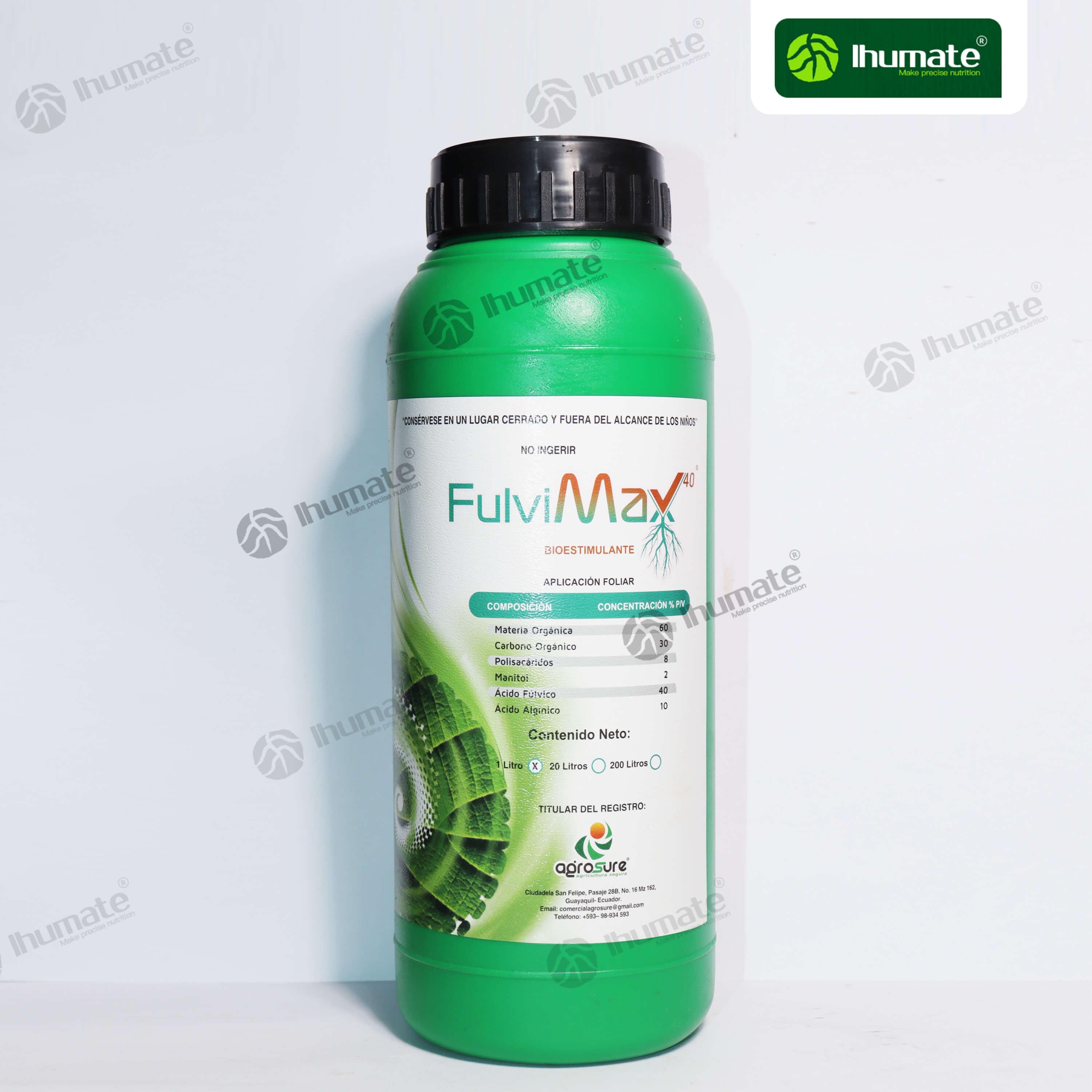 Ihumate potassium fulvate liquid fertilizer 1L bottle display, dark brown liquid, high concentration mined source fulvic acid, fully water soluble without residue