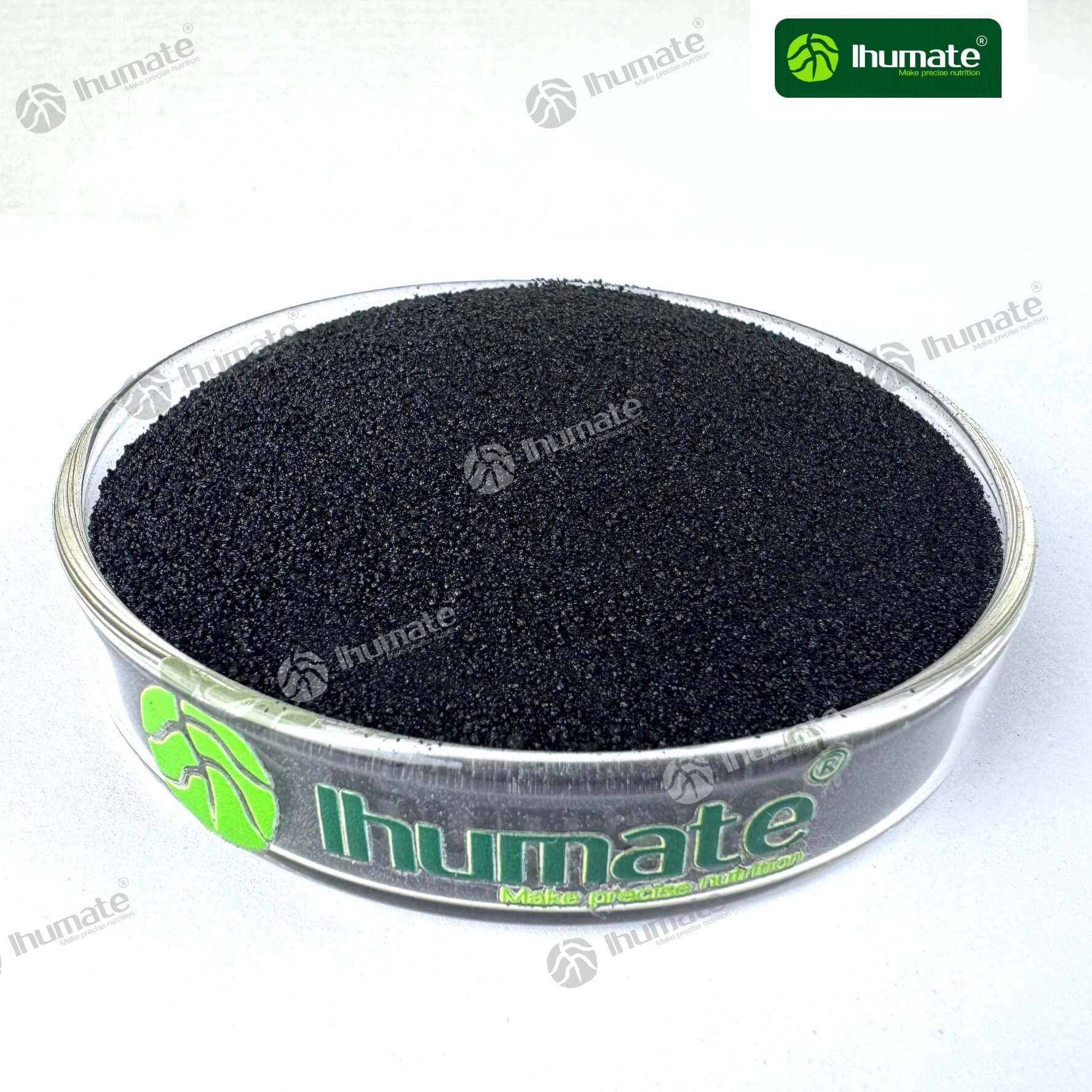 Ihumate mined potassium fulvate micro granules front view, containing 55% fulvic acid and 2% alginic acid, powerful root promotion and stress resistance