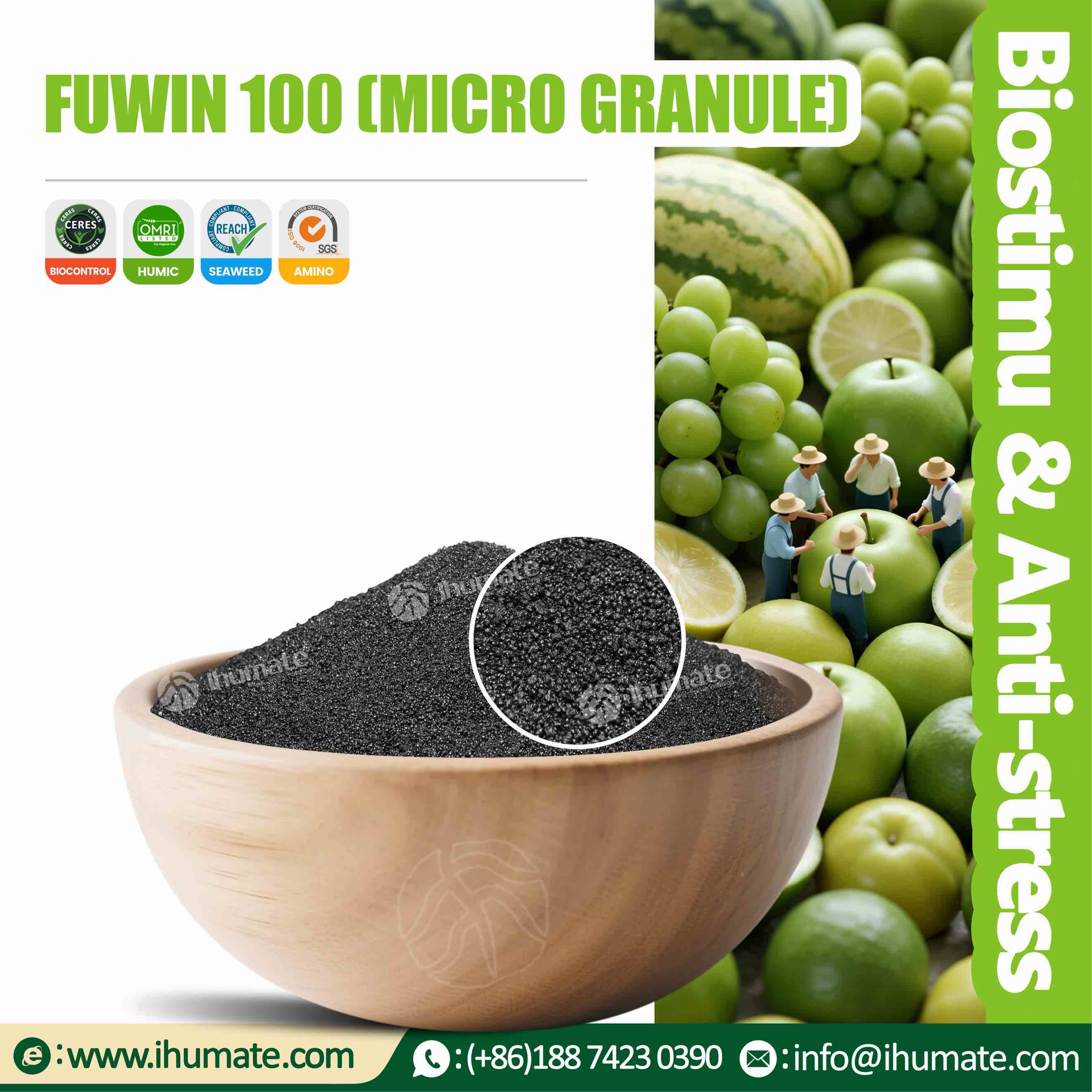 Ihumate potassium fulvate micro granules displayed in a bowl, black, bright, and uniform, dust-free design, suitable for modern agricultural application