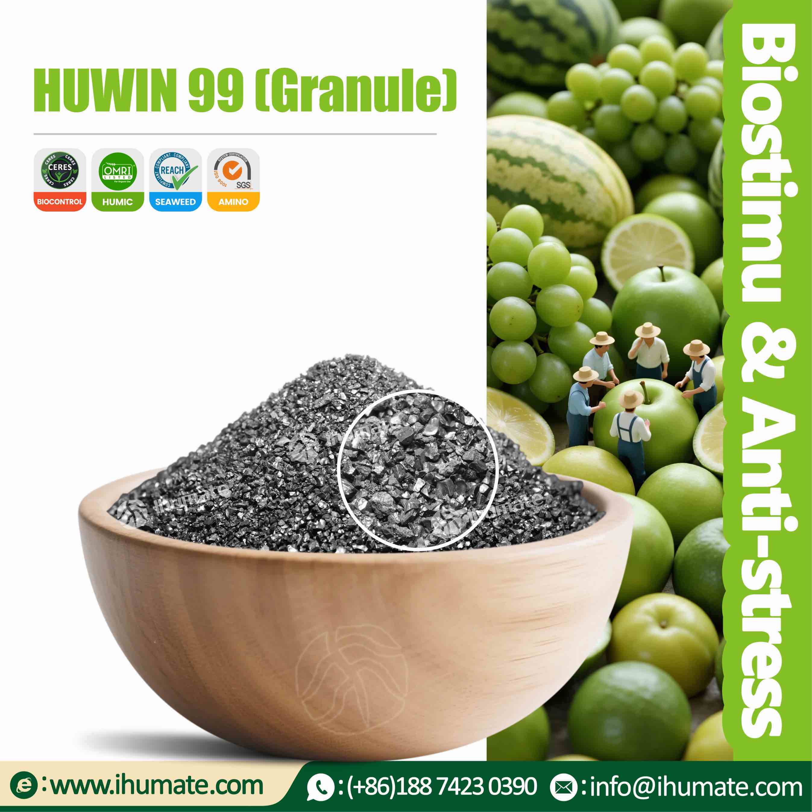 ihumate brand potassium humate granules, displayed in a bowl, granules black bright and full