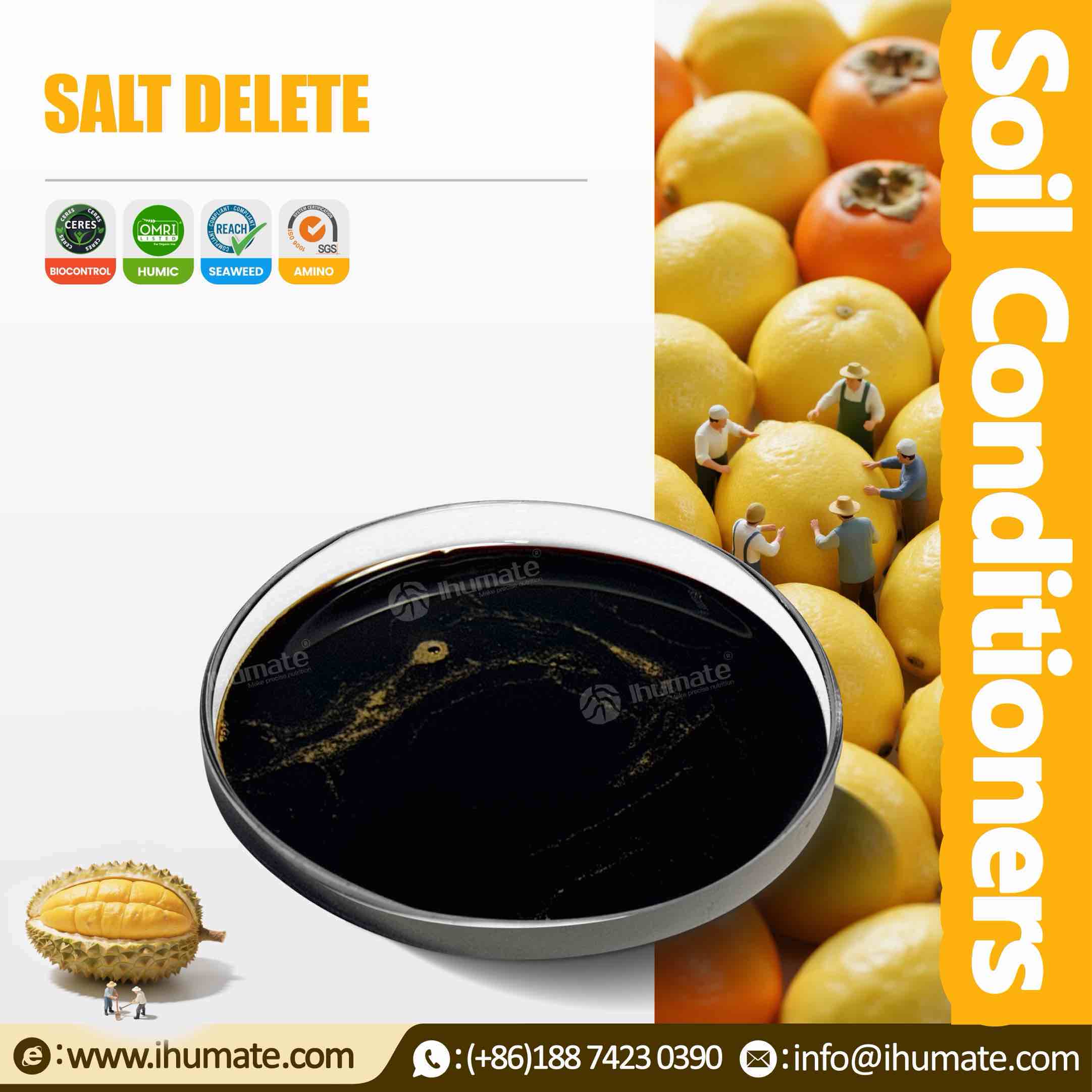 Ihumate SALT DELETE suspension infographic, showing the core principles of soil desalination and salt-alkali resistance