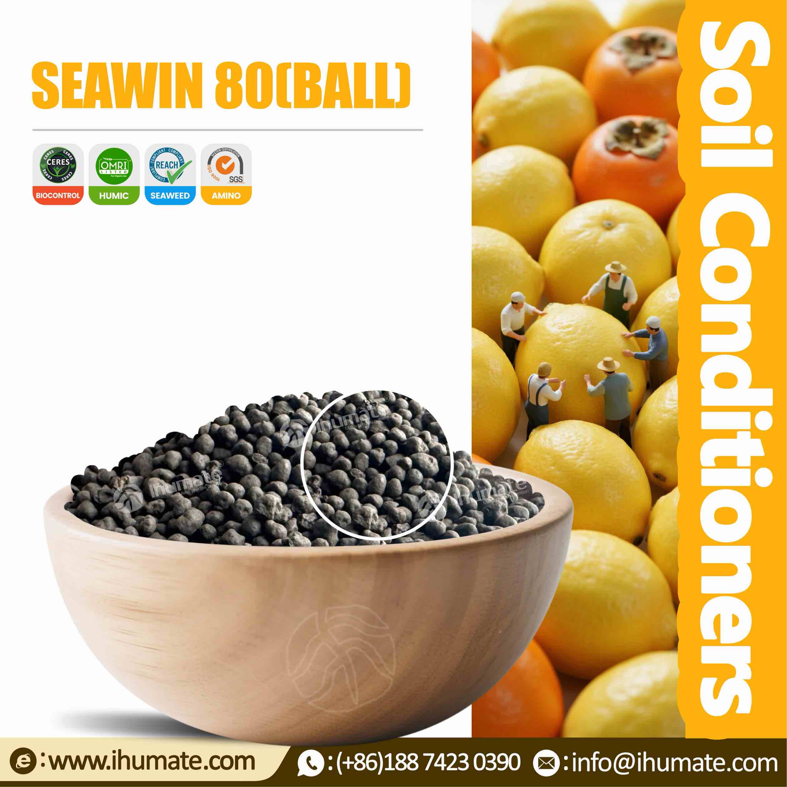 Ihumate Seaweed 80 balls displayed in a bowl, round and shiny black granules, rich in natural bioactive substances, promoting root development