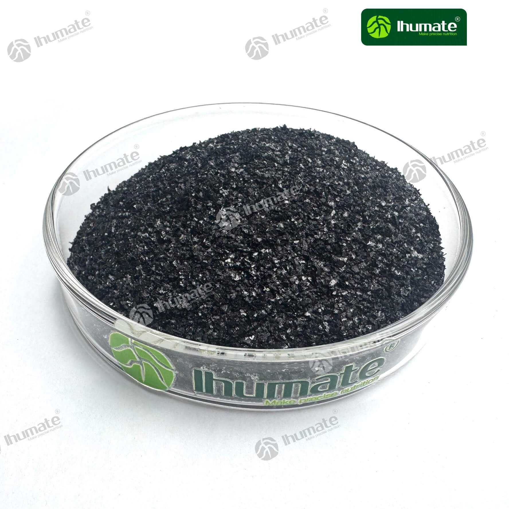 Front view of Ihumate Sodium Humate Flakes, high-purity bright black flakes for aquaculture and industry