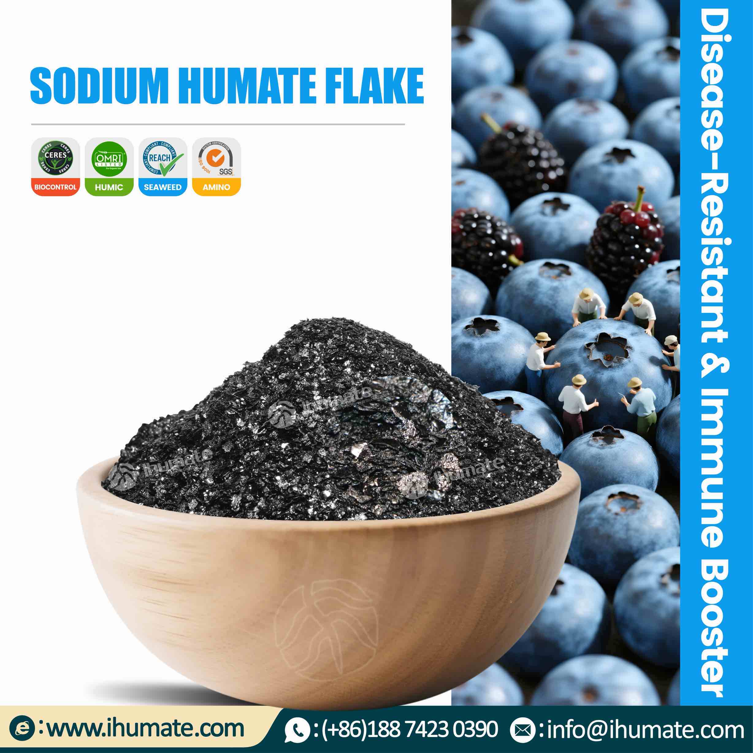 Bowl of Ihumate Sodium Humate Flakes showing uniform flake size and ceramic-like black luster