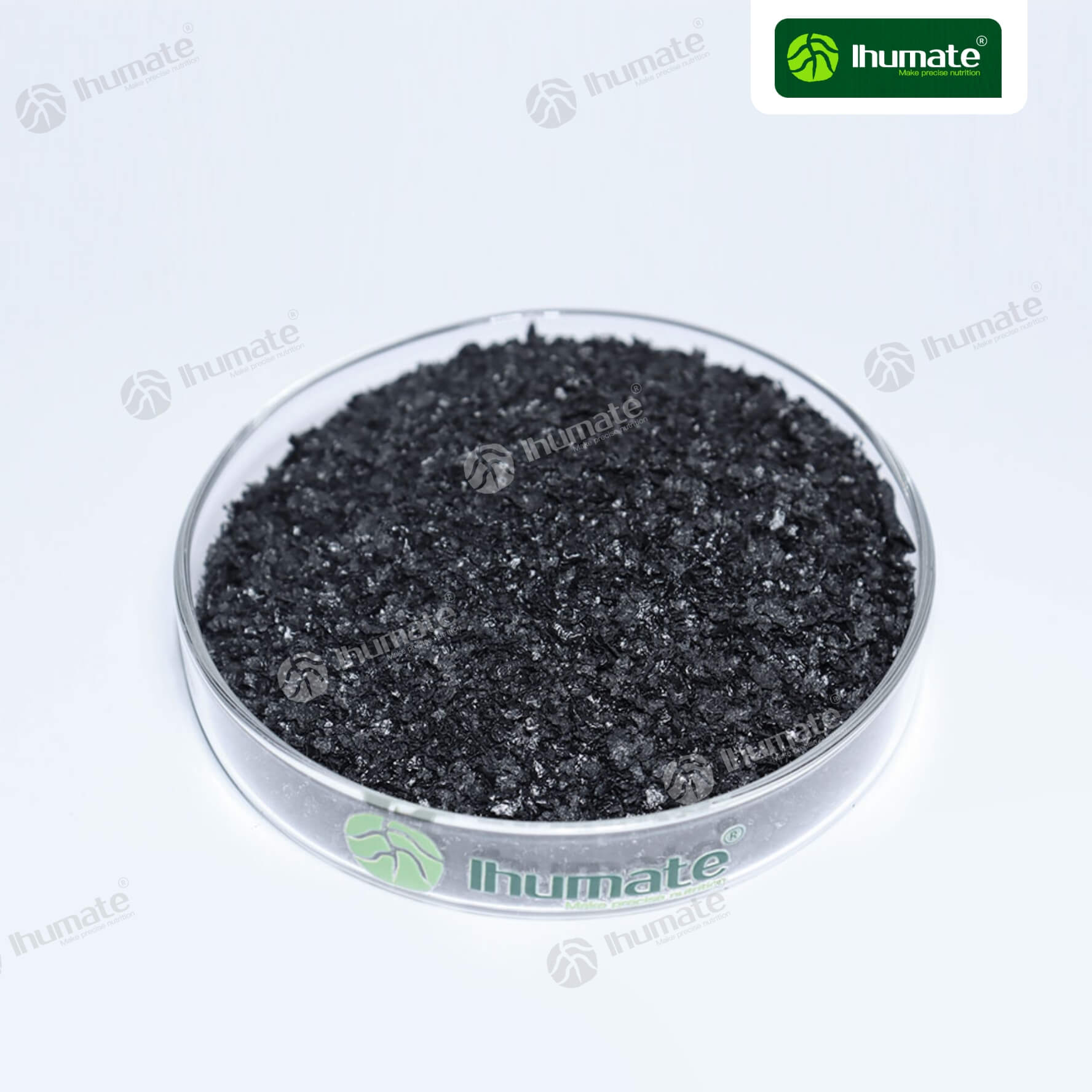 Front view of Ihumate Sodium Humate Flakes, high-purity bright black flakes for aquaculture and industry