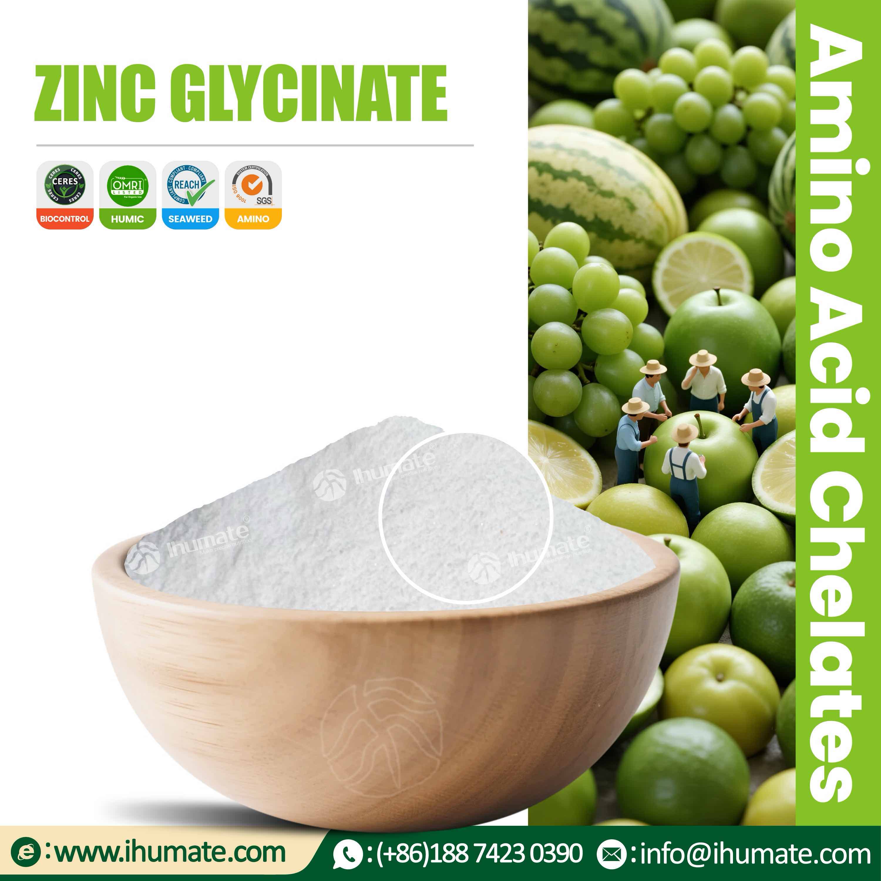 Ihumate Zinc Glycinate powder bowl display for foliar fertilizer, water-soluble fertilizer and feed premix formulations