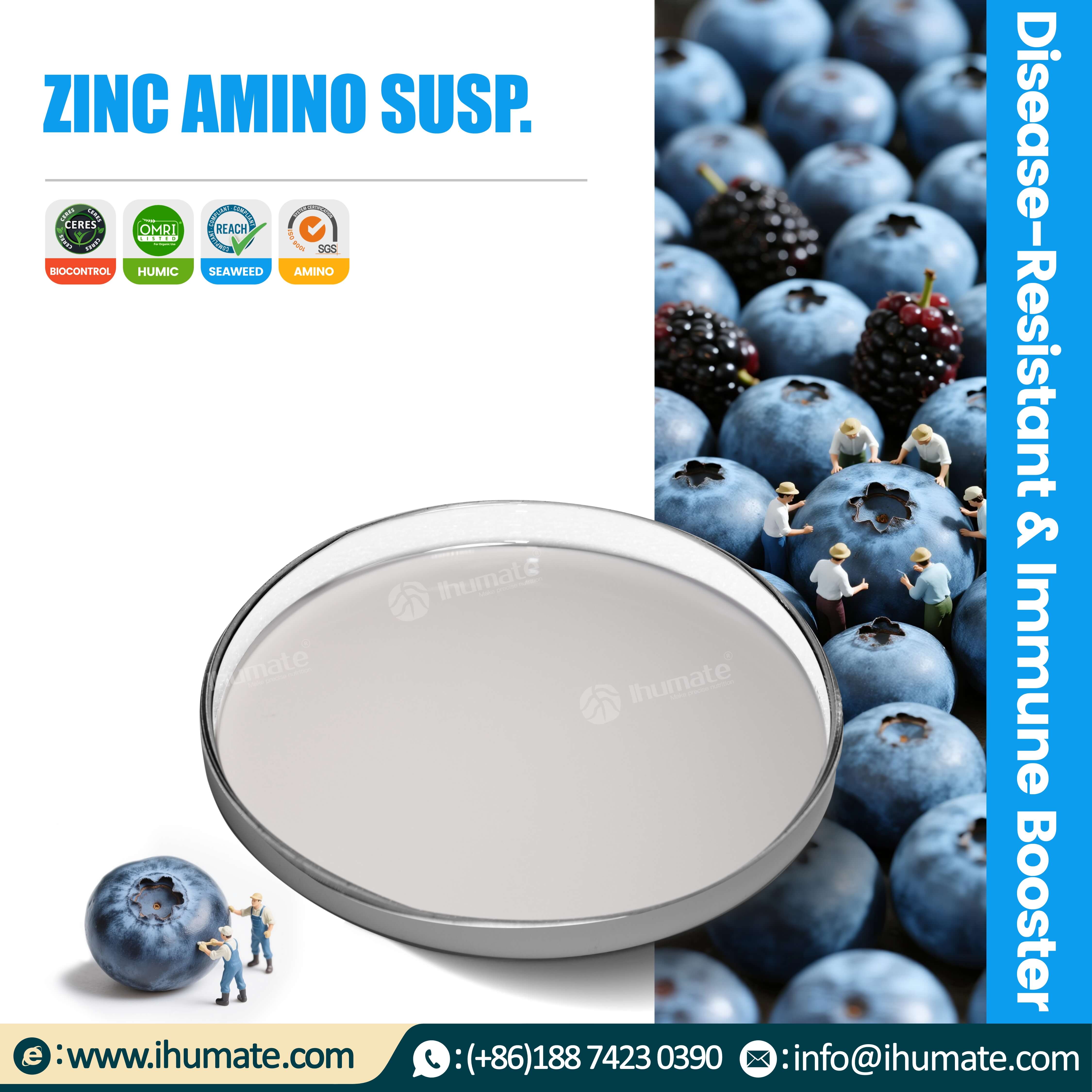 Ihumate Zinc-Amino Acid Suspension promotional image showing synergistic effect of 700g/L min high-concentration zinc and amino acids